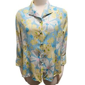 Rum Runner Casual Comfort Women's Silk Floral Print Button Down Shirt XL
